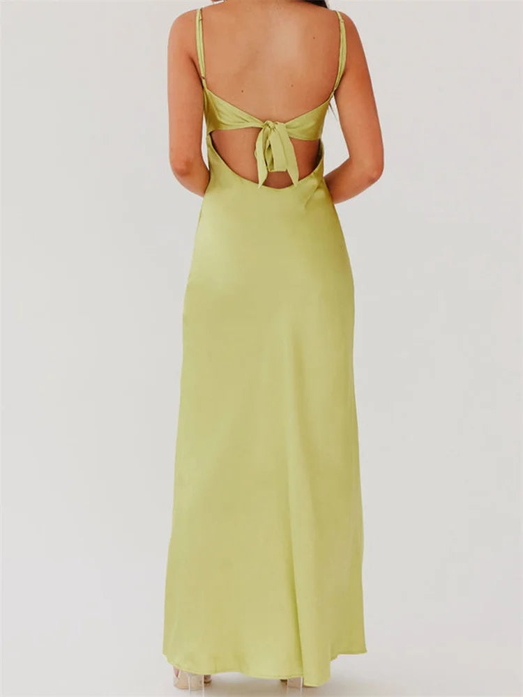 Dress Color Sleeveless Strap V-neck Front Tie-Up Backless Long Dress Slim