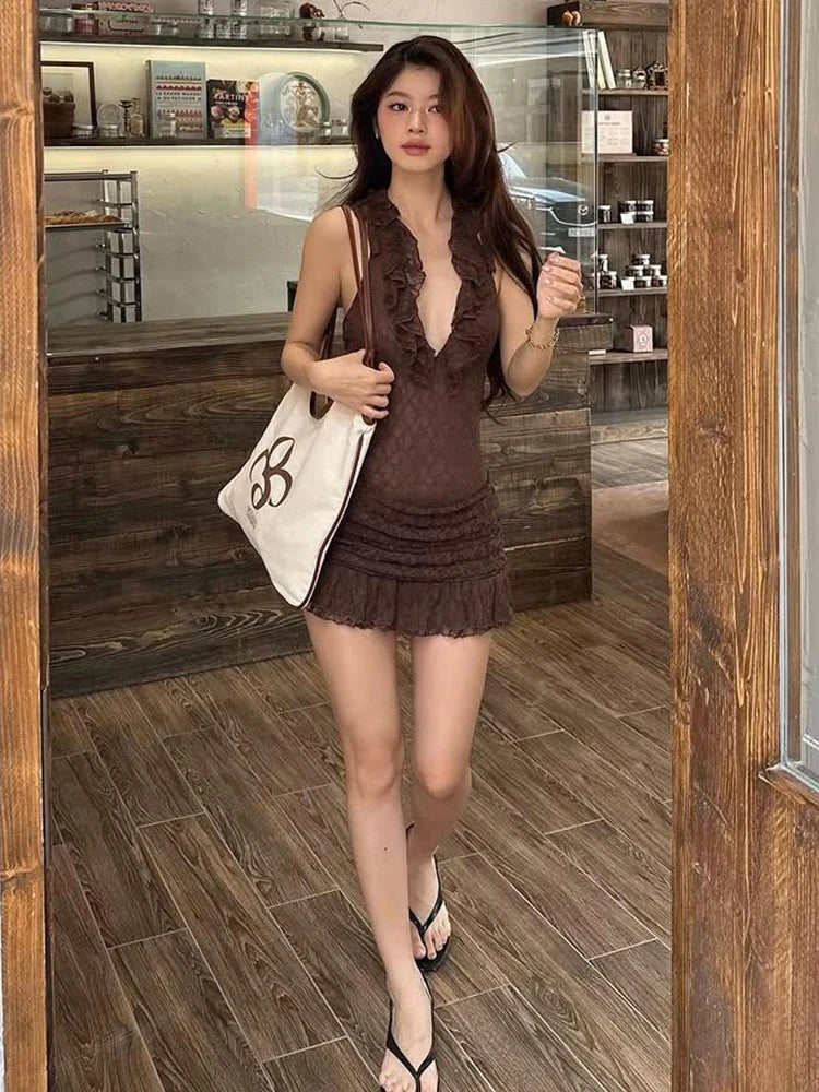 Lace Dress Halter Dark Lines Frenulum Flowers Applique Ornament Vogue Mini Bodycon