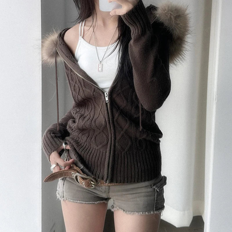 Zip Up Hoodie Coat 's Jackets Kintted Cardigan Twist Grain Fur Neck