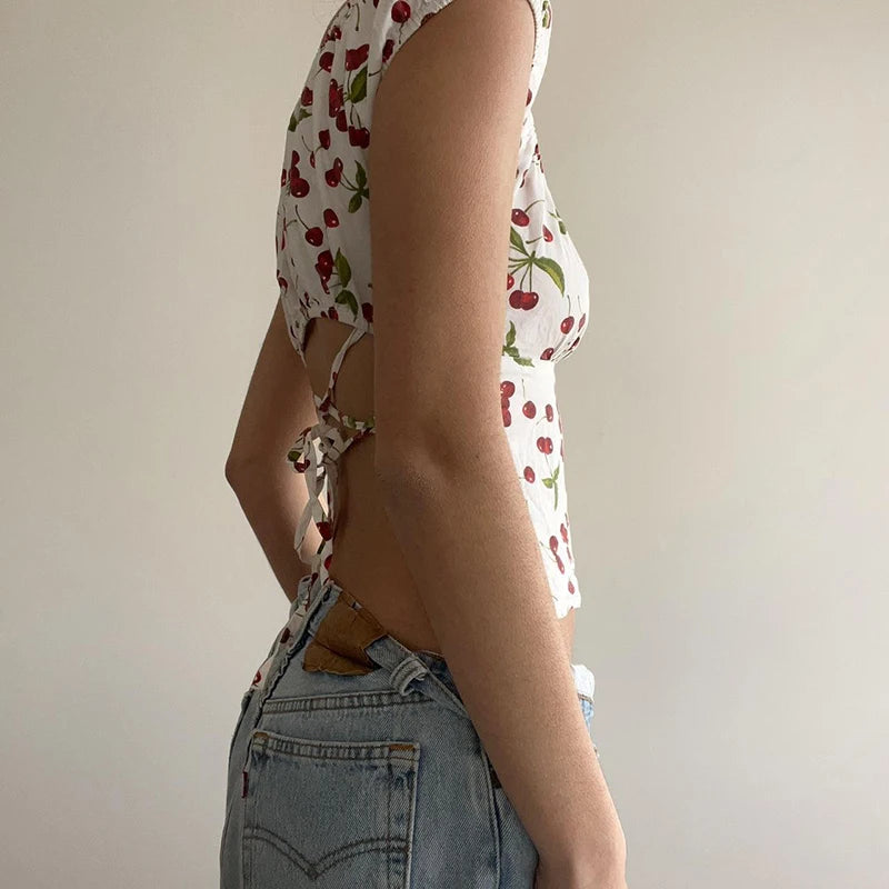 Print Backless Crop Shirts Short Sleeves Crewneck Tee Top