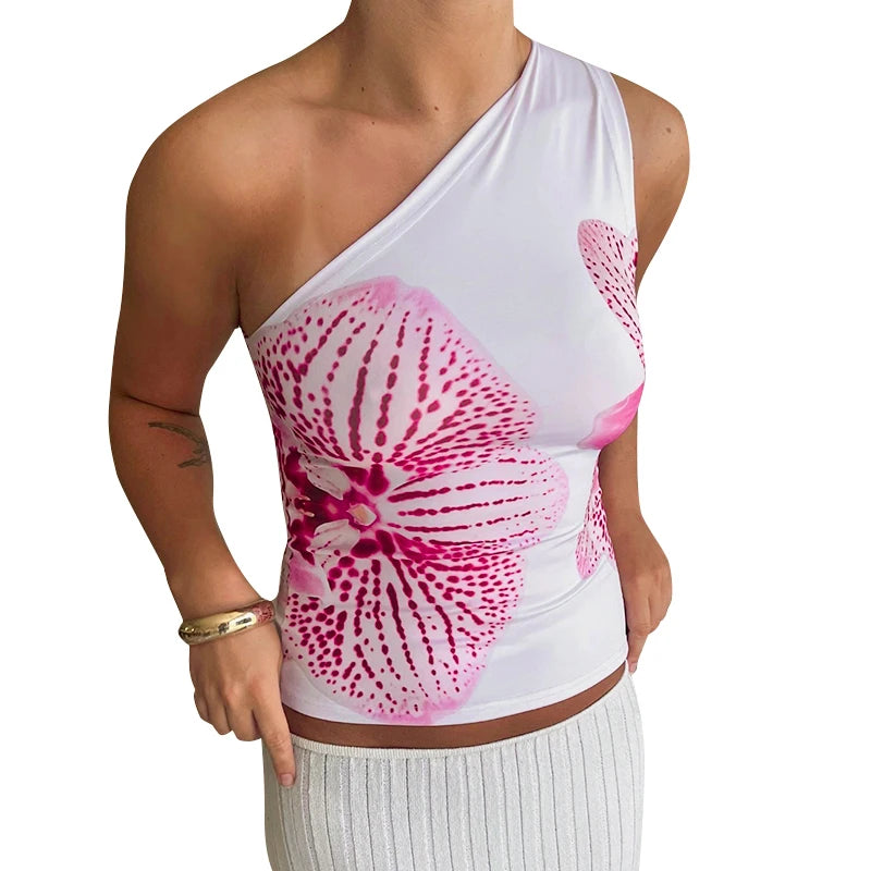 Floral Fitt Top Reort Graphic Tee One Shoulder Slah Backless Tank Top
