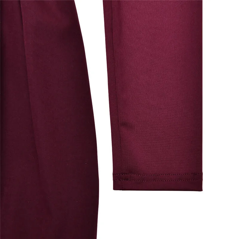 Patchwork Turtleneck Long Sleeve Mini Dress Burgundy High Waist A-line Dress Slim Street