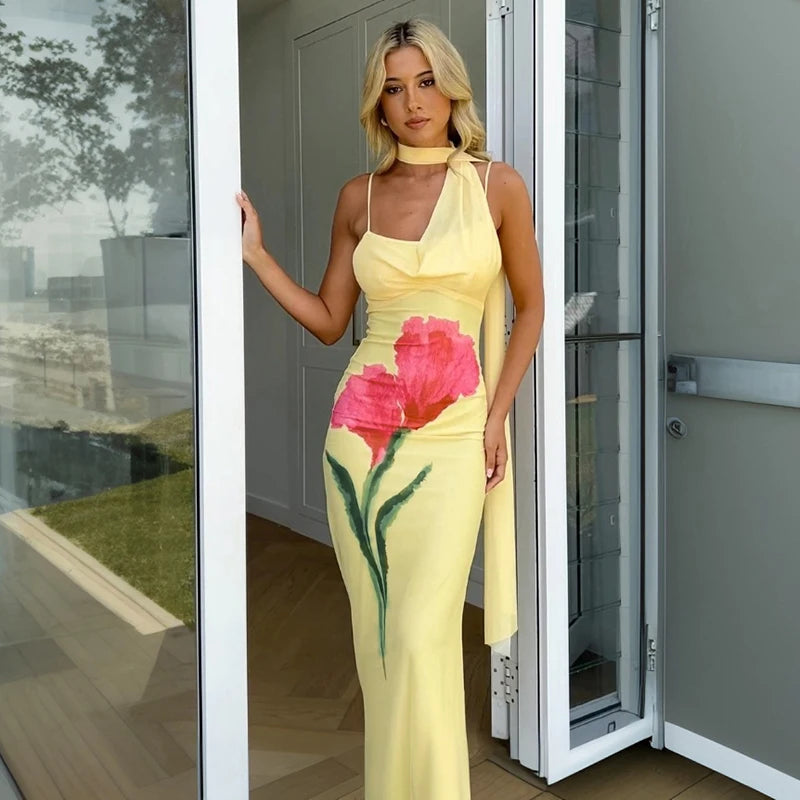 Flower Printing Hanging Neck Tie Backless High Waist Slim Fishtail Halter Long Dress