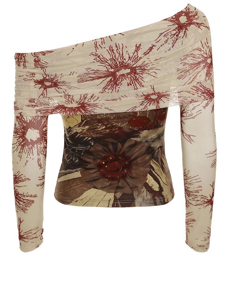 Printed Mesh Patchwork Top Slash Neck Slim Long Sleeves Shirts Y2k