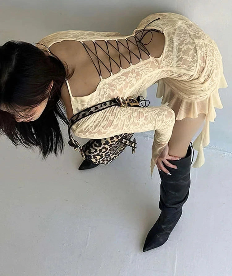 Lace Patchwork Dress See Through Backless Ruffles Long Sleeve Irregular Hem Bodycon