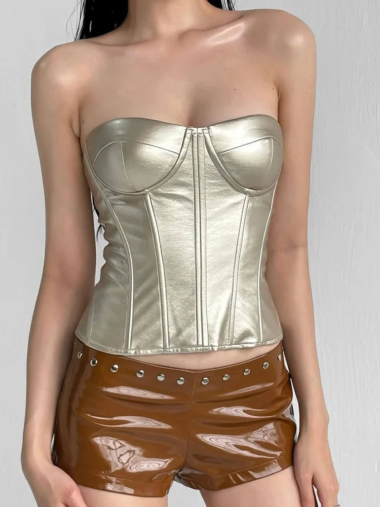 Leather Corset Top Patchwork Wild Midnight tie Tube Top