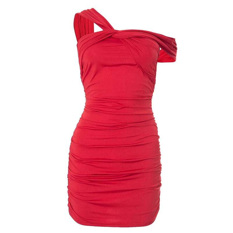 'S Spring And Asymmetric One-Shoulder Camis Color Twisted Shrink Pleated Package Hip Dress