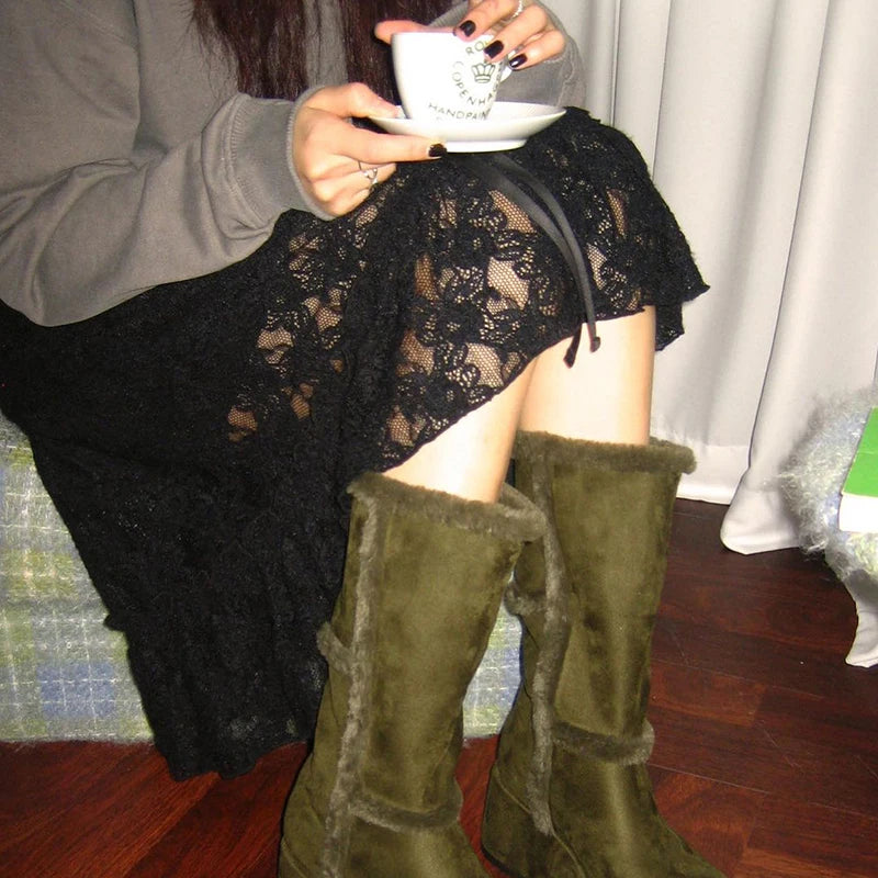 Shirring Long Skirts Knee-Length Lace Bottoms