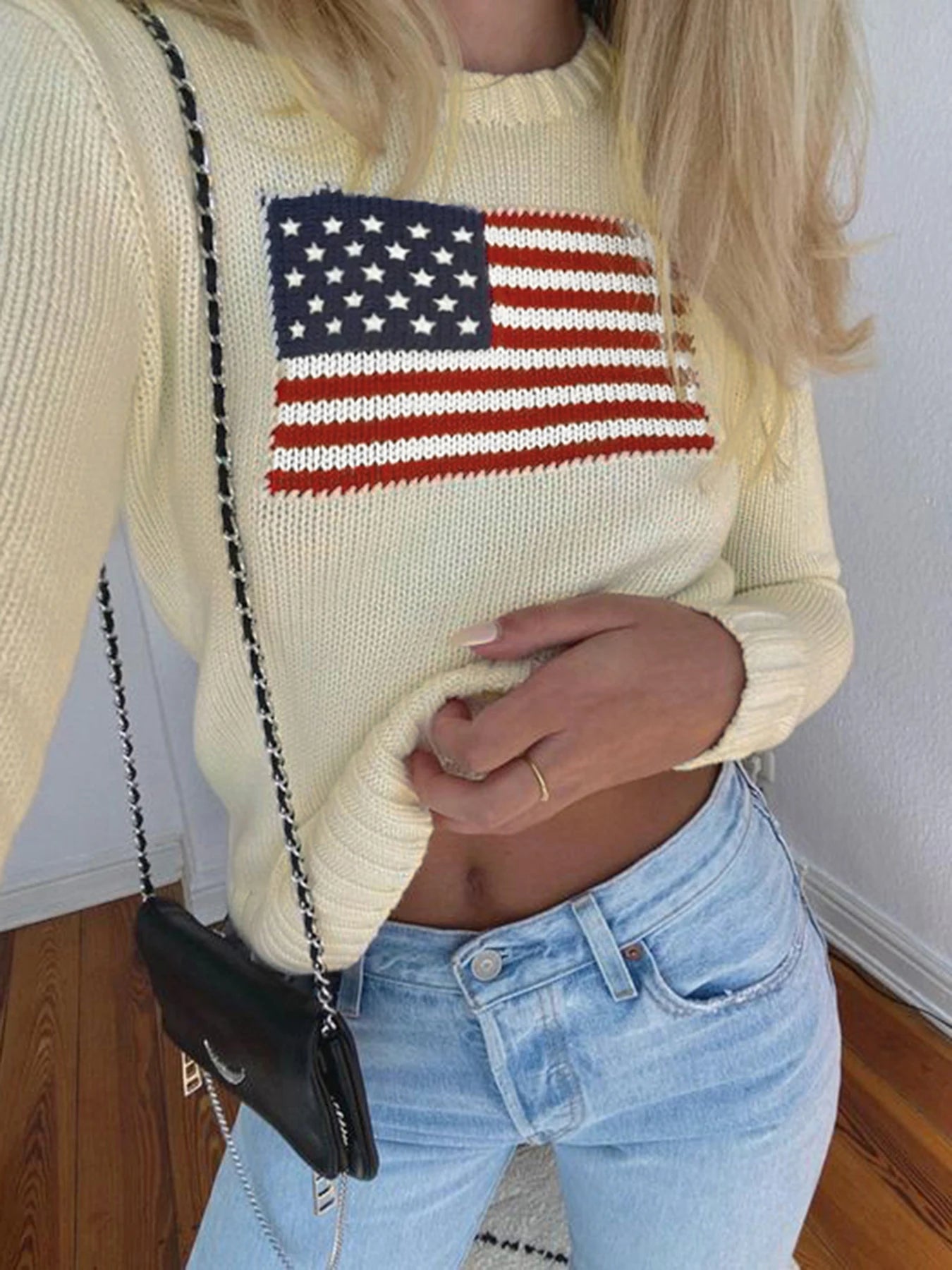 Graphic Knit Sweater Crewneck Pullover Looe
