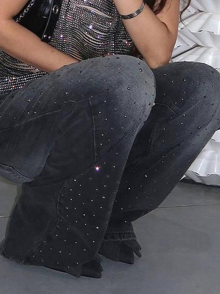 Rhinestone Loose Jeans Low Waisted Pockets Zipper Pants Bottoms