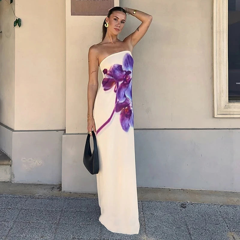 'S Floral Print Long Dress Strapless Sleeveless Backless Slim Dress Long Dress