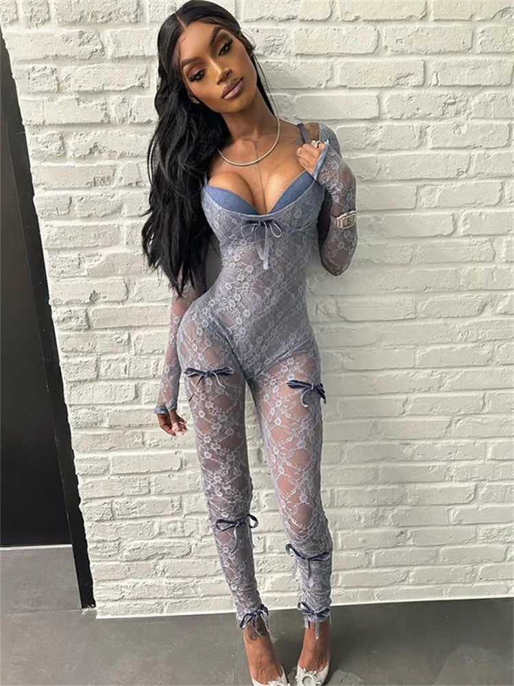 Lace Transparent Thin Solid Jumpsuit Long Sleeve Slim Fit Sheer Night Street Jumpsuit