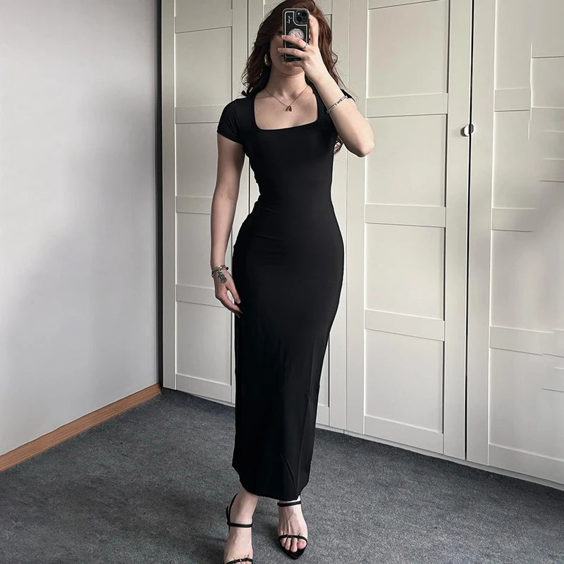 Square Collar Long Dress Short Sleeve Skinny Maxi Dress