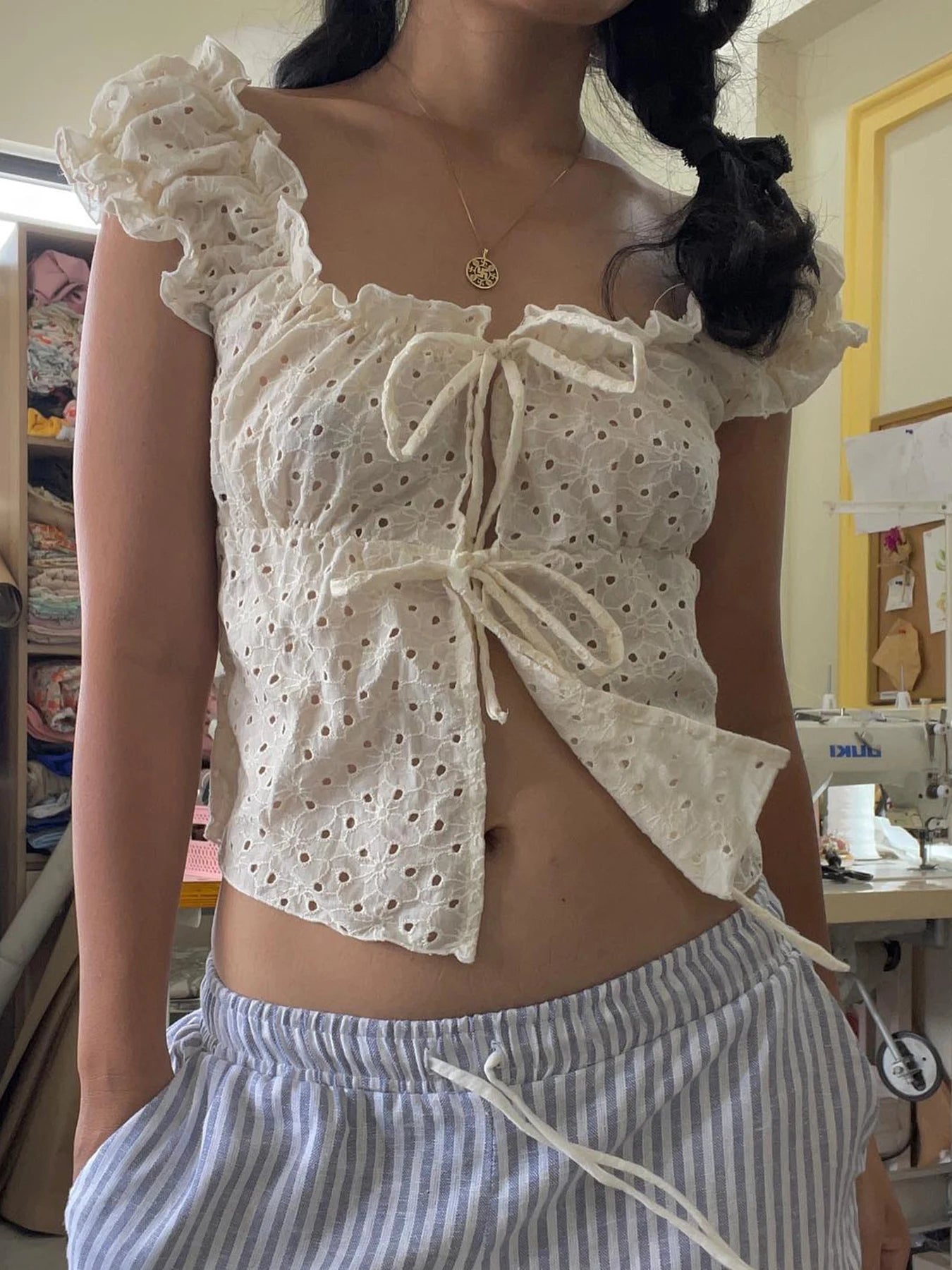 Hollow Out Slim Tee Shirts Lace Up Square Collar Top