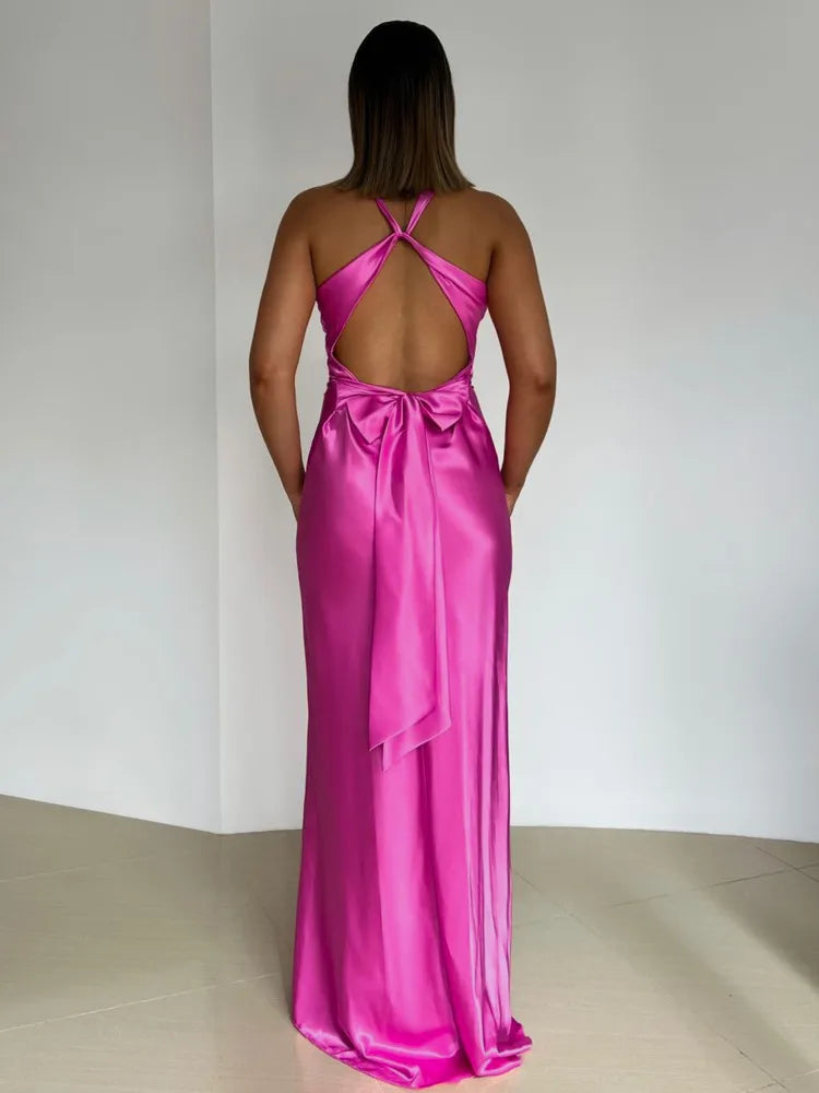 Satin Backless Ruched Maxi Dress