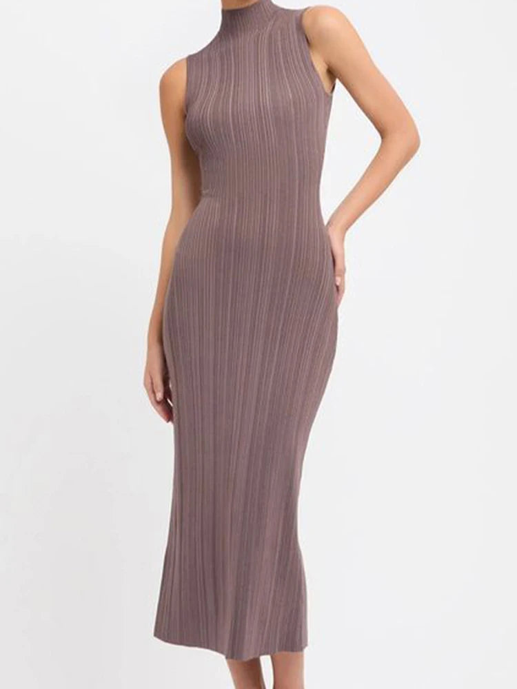 Sleeveless Knit Turtleneck Long Dress Slim Ribbed Knit Dress Maxi Dress