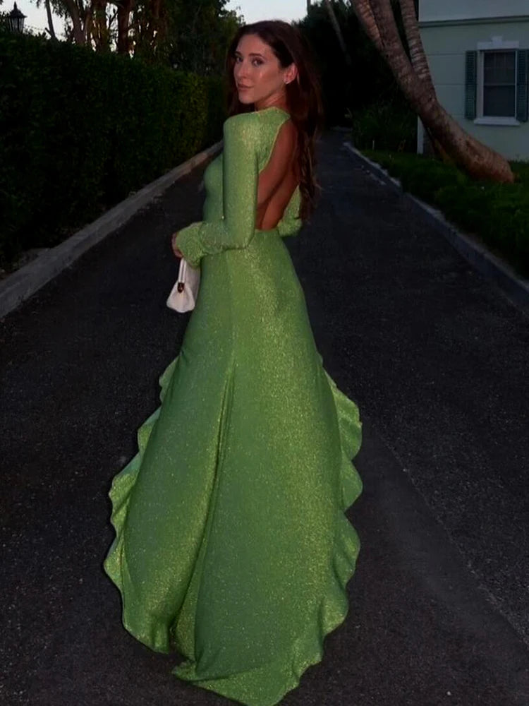 Backless Bright Silk Shiny Maxi Dress Green Long Sleeve Dress