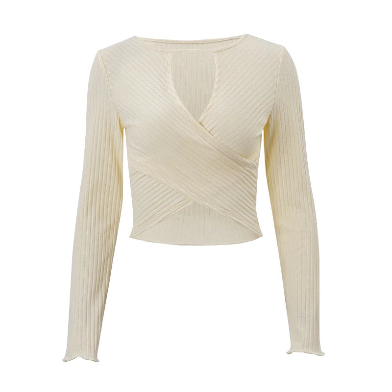 Hollow Out Knit Long Sleeve Round Collar Slim Crop Sweater
