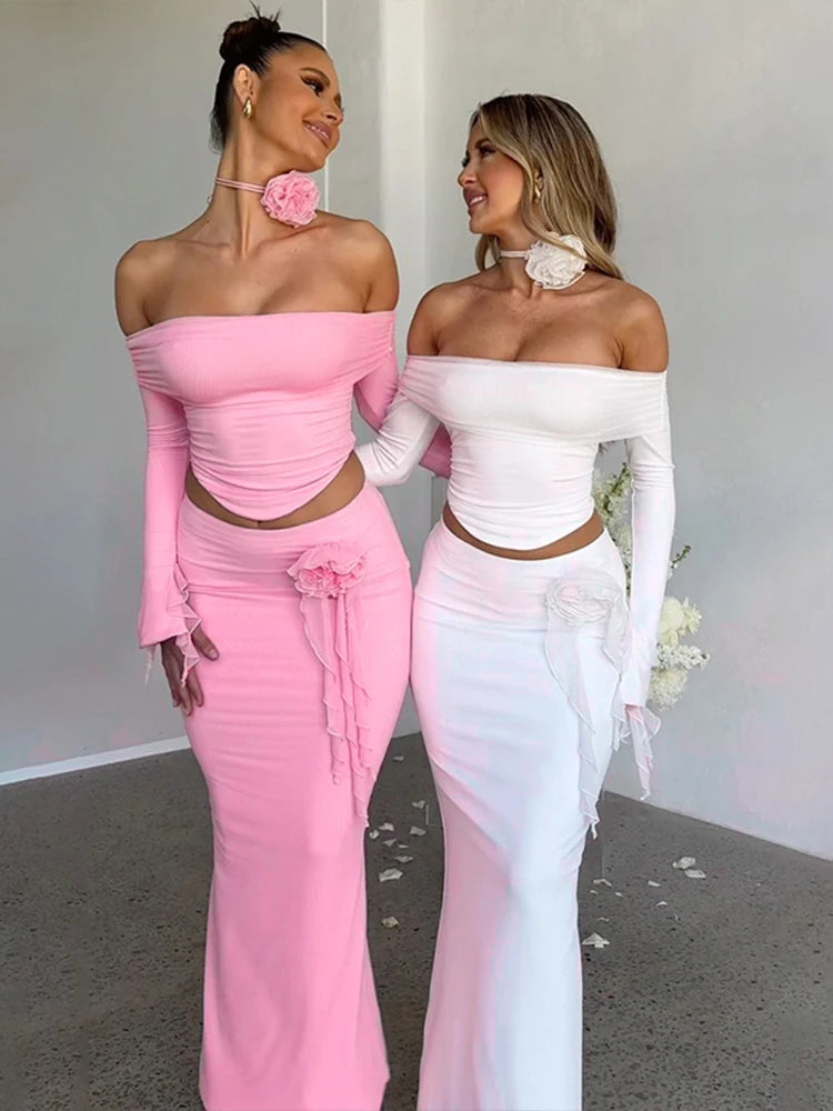 3D Flower Off Shoulder Crop Top Maxi Skirt Set