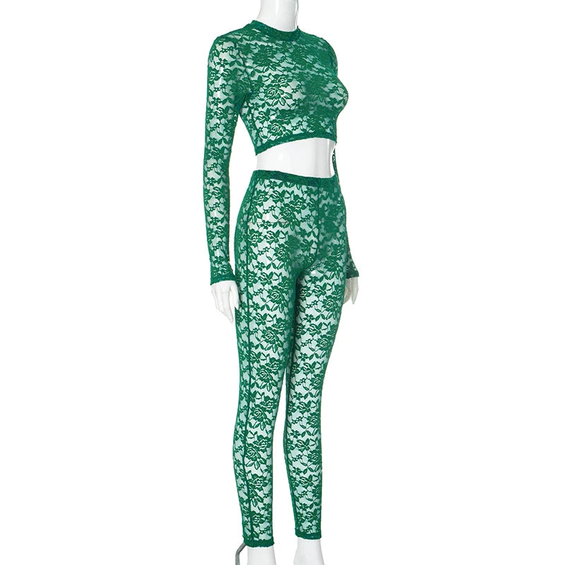 Lace See Through Long-Sleeve Crop Top Pencil Pant Cut Out See-Through Set