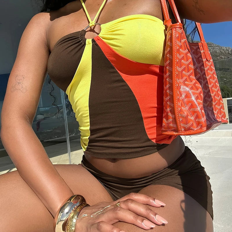 'S Circle Hanging Neck Suspenders Colorful Exposed Backpack Hip Resort Shorts Set Causal Sets