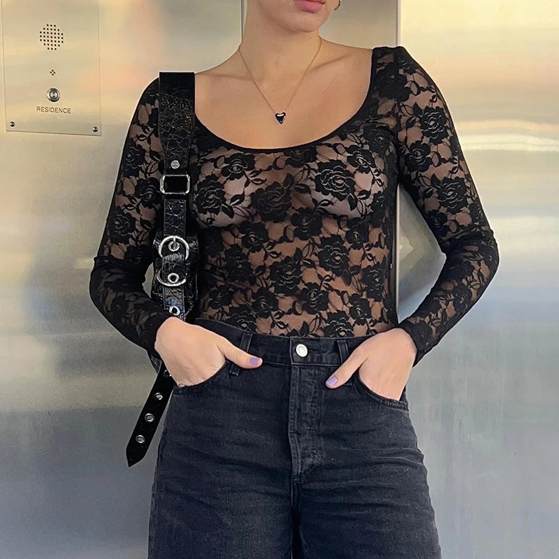 Lace See-Through Long-Sleev Big U-Neck Lace Top
