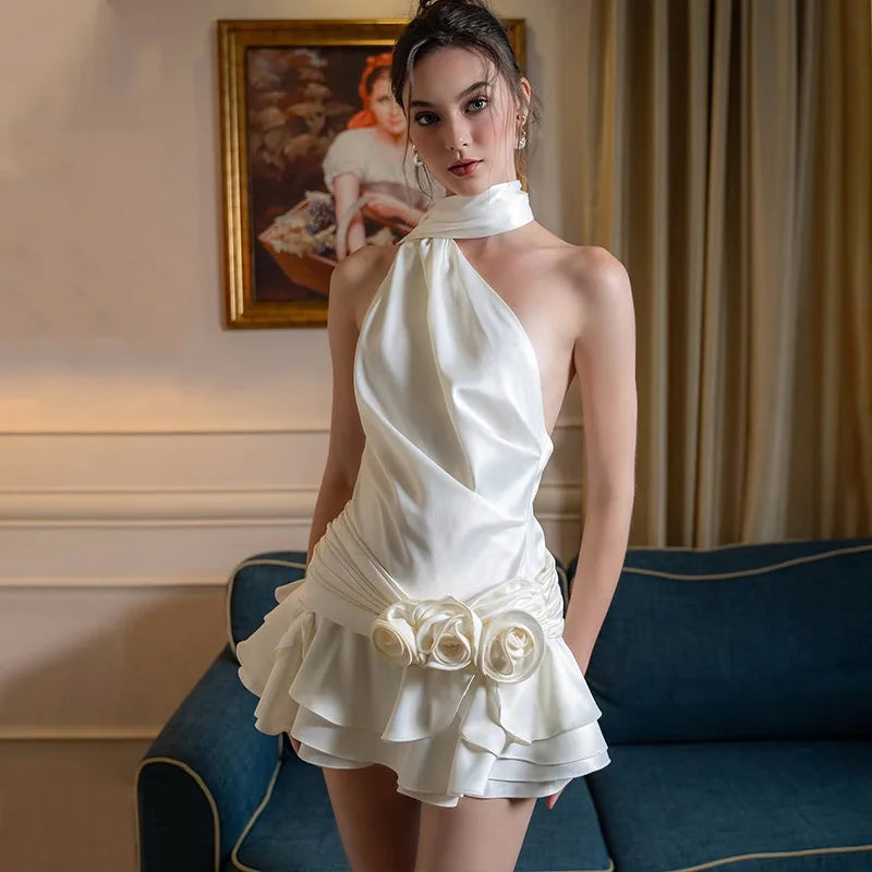 White Satin Backless Mini Dress