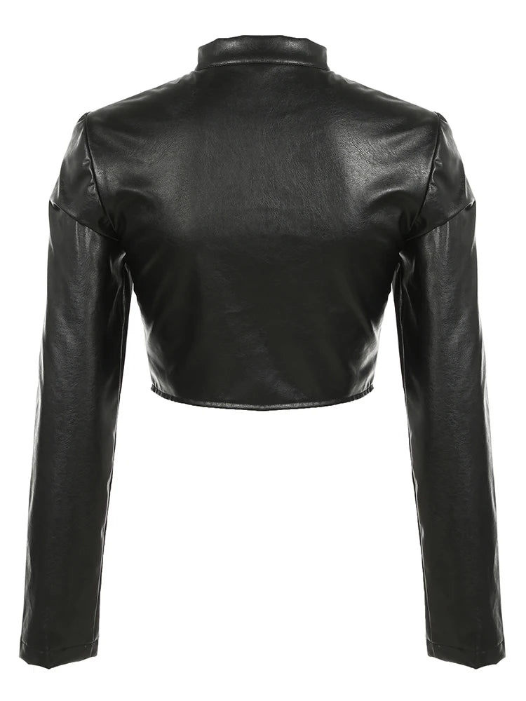 Moto Biker PU Jackets Zip Up Crop Top Black Leather Coats