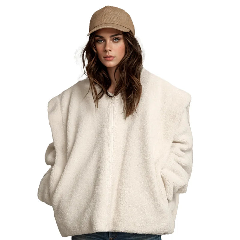 Jacket White Fleece Outer Zipper Cardigan Furry Thick Coat
