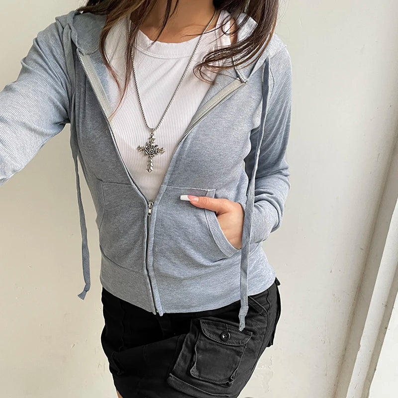Zip Up Crop Hoodie Coats 's Jackets Front Pockets