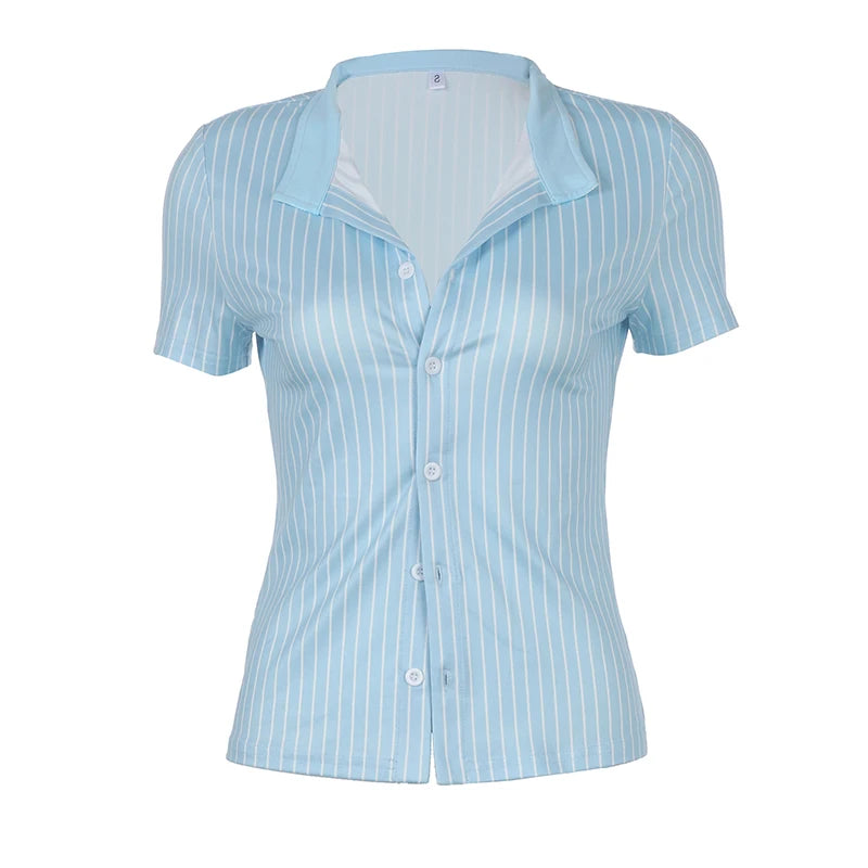 Button Up Tee Shirts Striped Print Short Sleeves 's Top