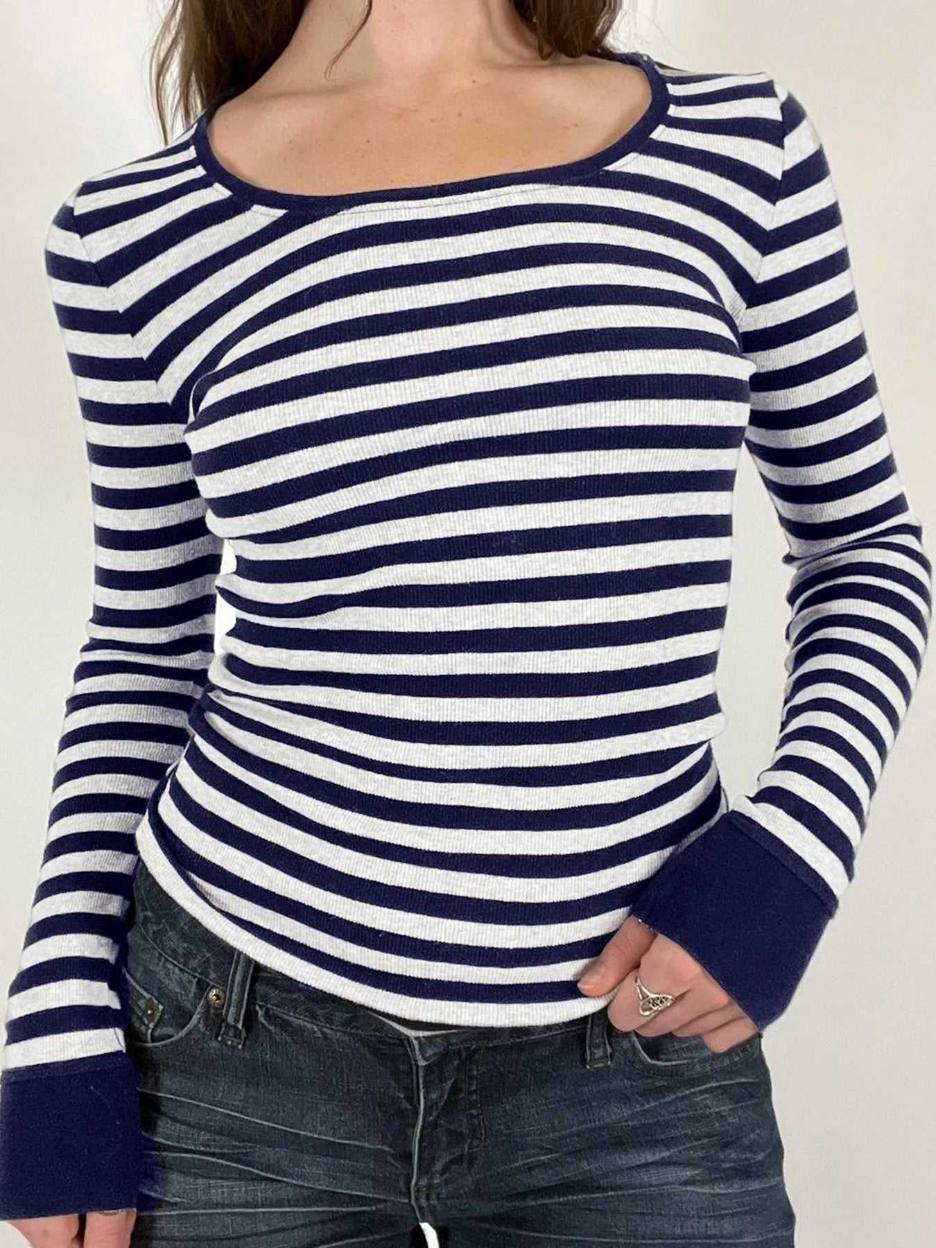 Striped Crewneck Top Tee Long Sleeves Slim