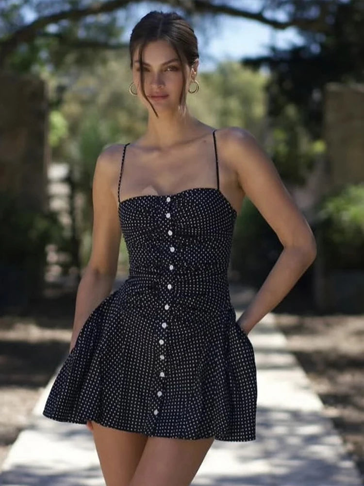 Speckled Print Dress Spaghetti Strap Sleeveless Single-Breasted Pleated Midnight Mini Bodycon
