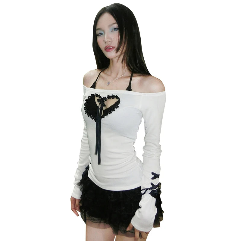 Off Shoulder Hollow Out Heart Design Ribbon Top Long Sleeve Spice Girl Street
