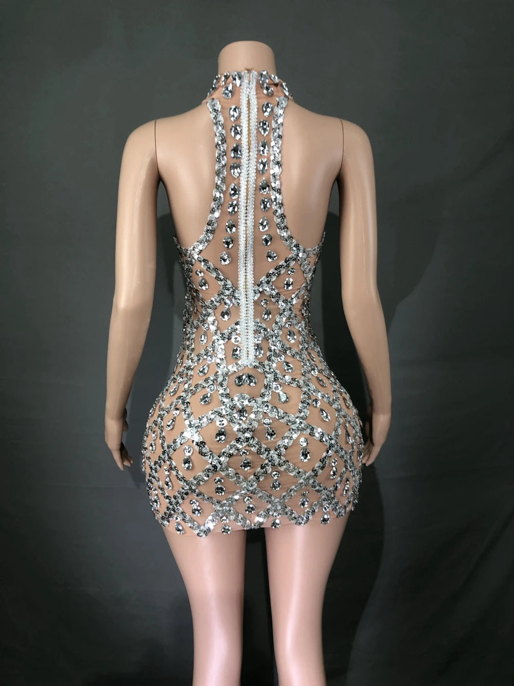 Sparkly Silver Sequins Crystals Short Dress Sleeveless Transparent Birthday Dress Singer Show Wear