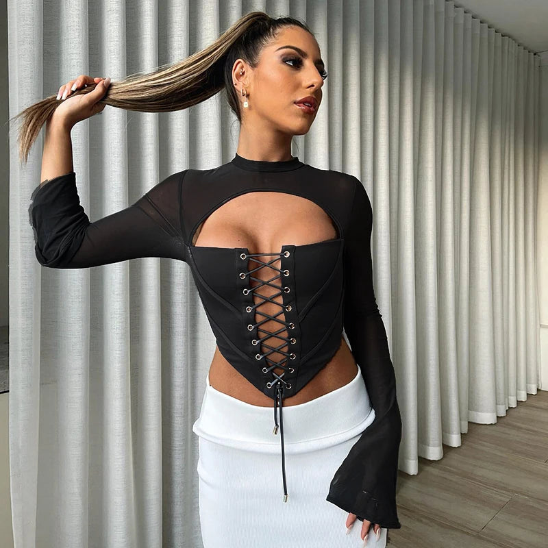 Meh Bandage T Shirt Long Sleeve O Neck Crop Tee Top Tee Shirt