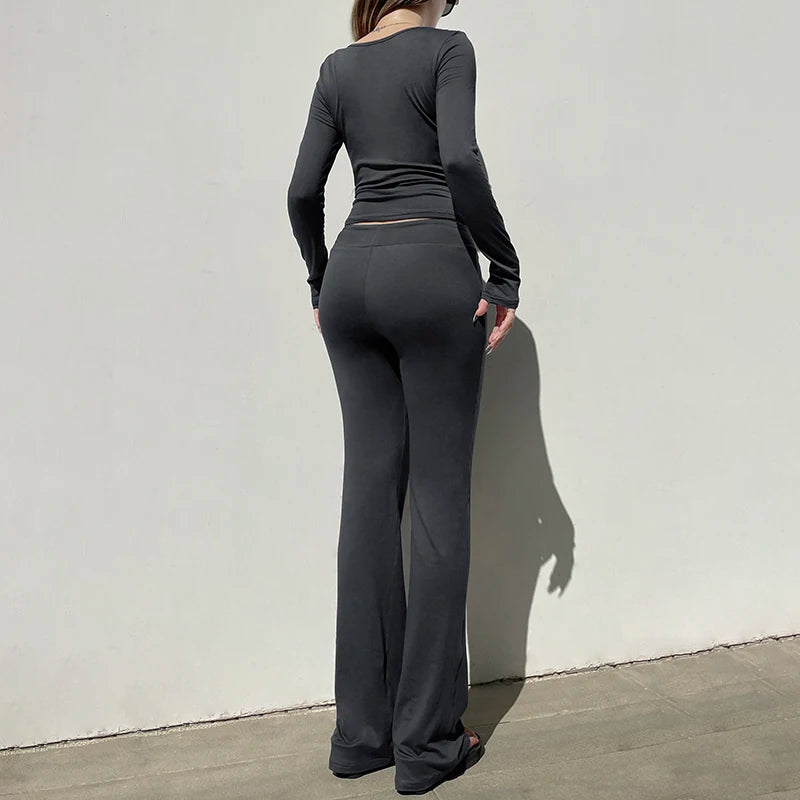 V-neck Top Full Length Pants Drawstring Suits Simple Slim Long Sleeves Low Waist