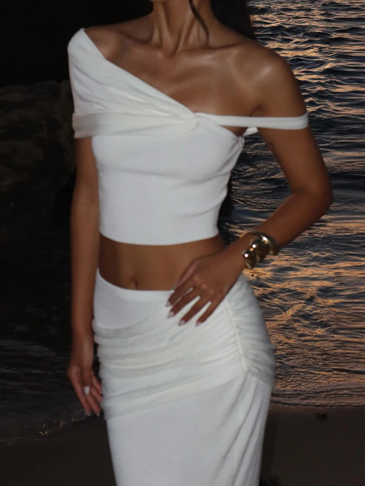 2 Piece Set Irregular Skew Collar Backless Crop Top Ruched Skirts Suit