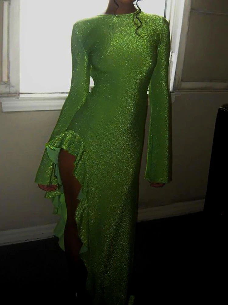 Backless Bright Silk Shiny Maxi Dress Green Long Sleeve Dress