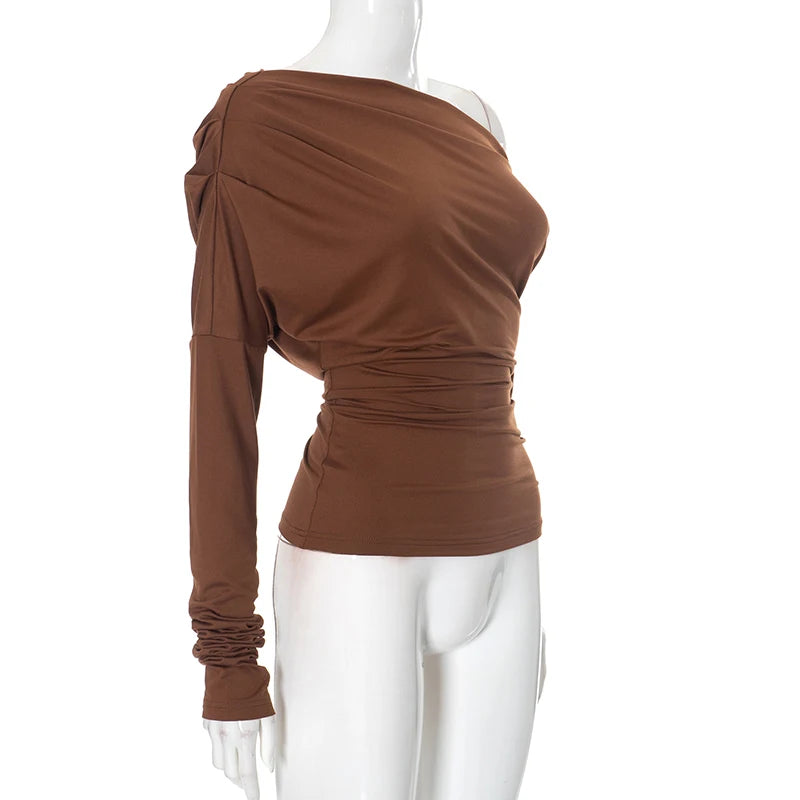 Slant Neck Off Shoulder Ruffle Wait Short Top T-Shirt Top