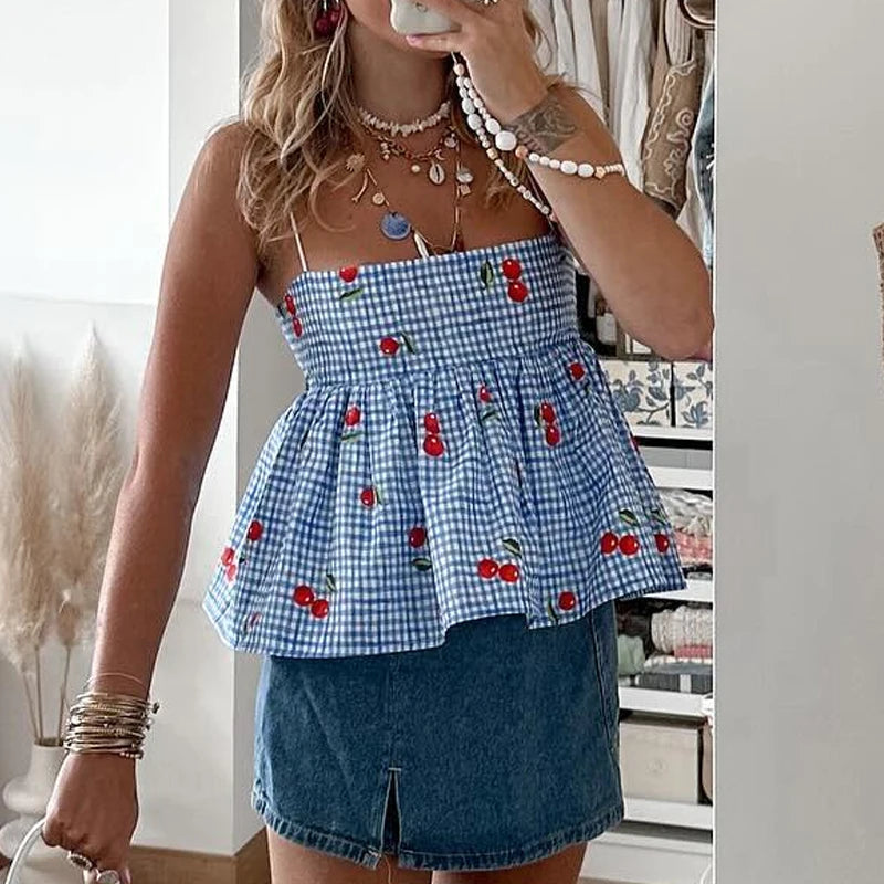 Fairycore Backless Tie Up Crop Tops Cherry Plaid Peplum Camisole Sweet Cute Milkmaid Tank Vest