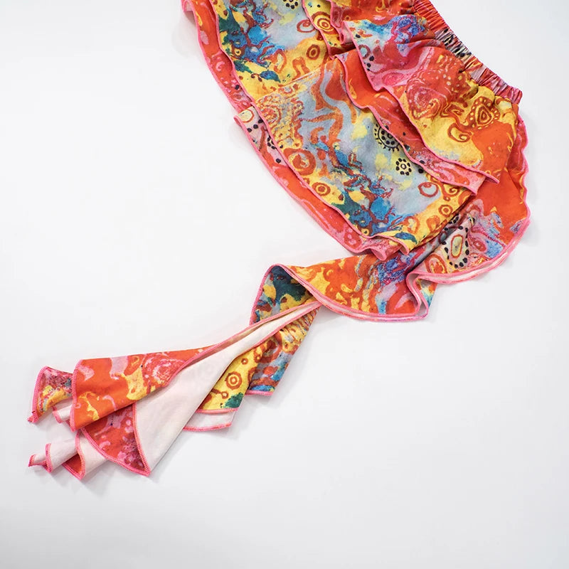 'S Floral Print Slim Set Strapless Twisted Hollow Out Tank Top Flutter Belt Short Skirt Sets