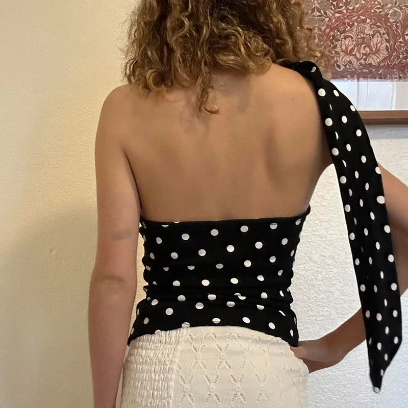 One shourlder Polka Dot Top Slim Backless Top