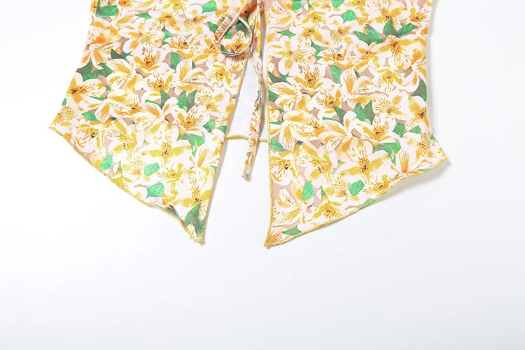 Floral Print Two Piece Set Halter Shirring Tube Camisole Peach Hip Skirt Sweet Matching Suits