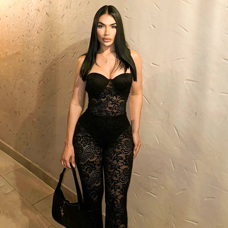 Lace Straple Big Backless See-Through Flare Jumpuit Jumpuit