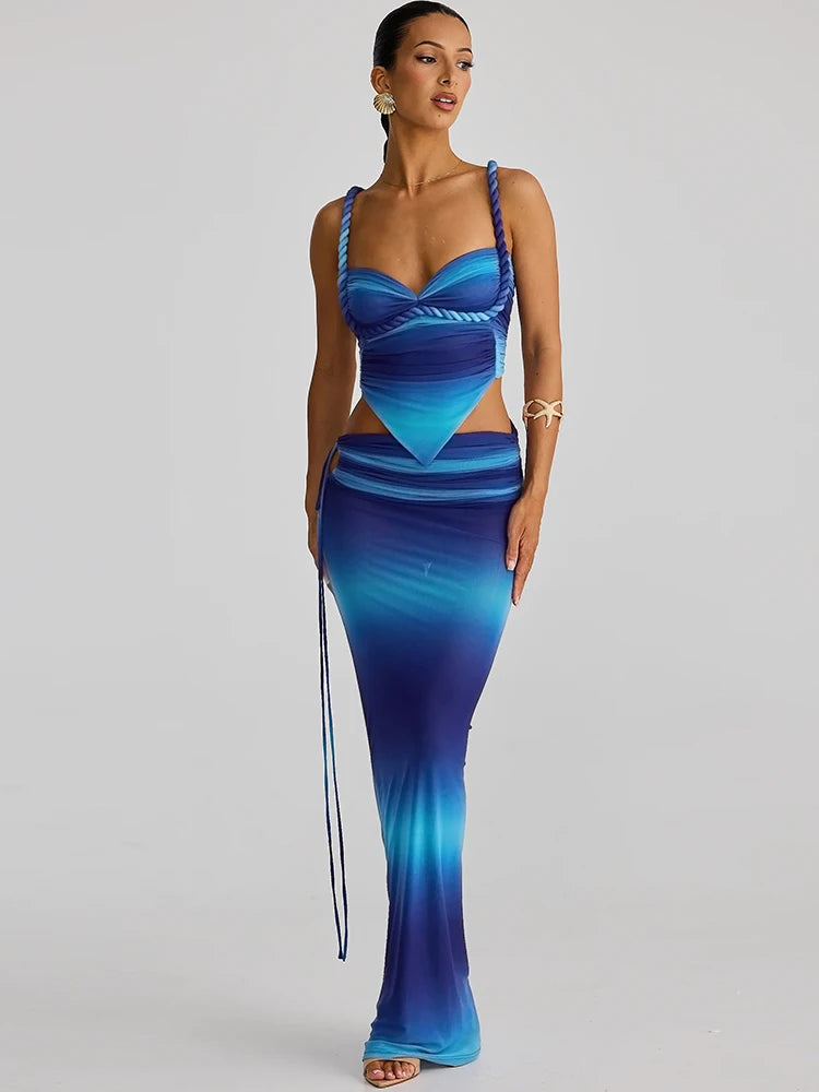 Gradient Two Piece Set Plait Heart Shape Camisole Shirring Hollow Skirt