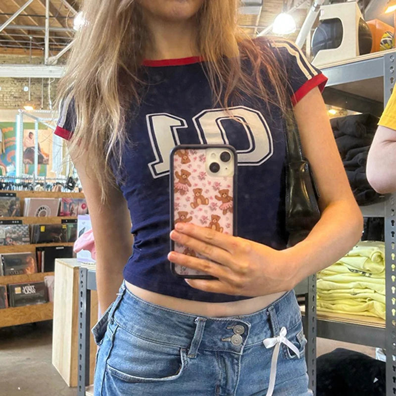 Patchwork Slim Cropped Shirts Crewneck Short Sleeves Blue Preppy Slim Top