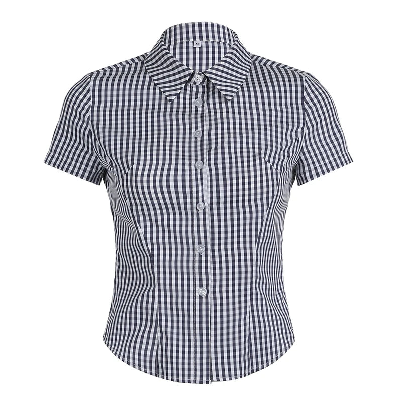 Plaid Bloue Button Up Short Sleeve Tuurn-down Neck Top
