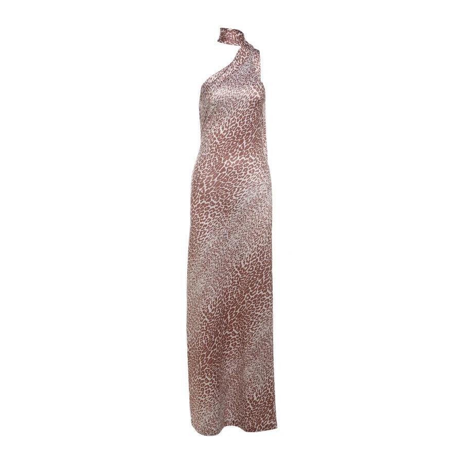 Leopard Irregular Halter Lace-Up Backless Long Bodycon Dress