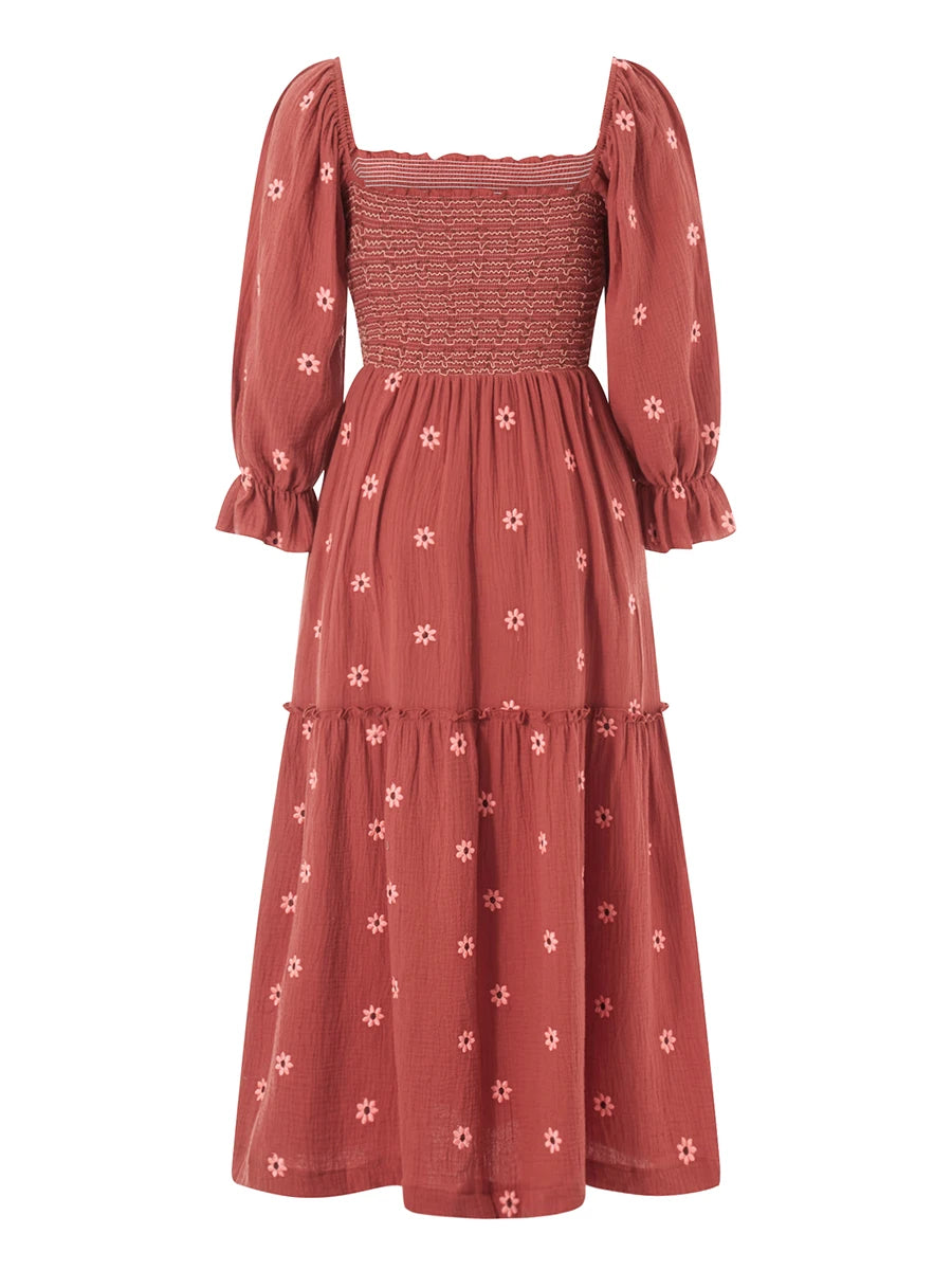 Ruffle Swing A Line Maxi Dress Bohemian Floral Dress Square Neck Long Sleeve Dress